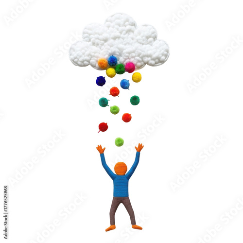 Person Reaching Upwards Under a Colorful Pom Pom Cloud Sky