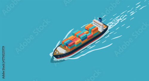 Isometric cargo ship on blue sea with multicolored containers