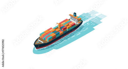 Isometric cargo ship with colorful containers navigating ocean waters
