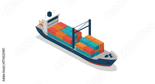 Isometric cargo ship with colorful containers on white background
