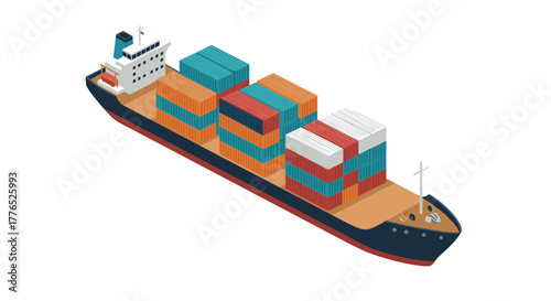 Isometric cargo ship with shipping containers on deck