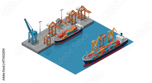 Isometric container ships at industrial port with cargo cranes and waterway
