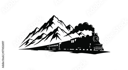 Classic steam train travels through majestic mountains, evoking adventure and nostalgia.