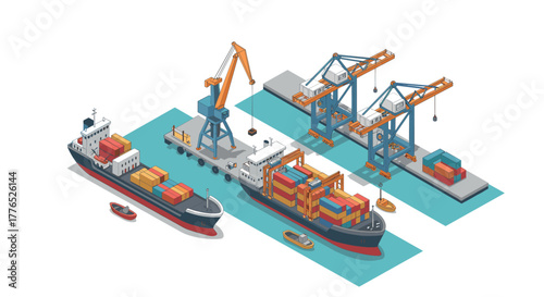 Isometric cargo port scene with ships and cranes for logistics and maritime operations