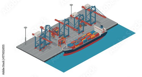 Isometric container ship docked at modern shipping port with cranes