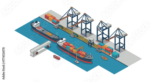 Isometric shipping port with cranes and cargo ships on blue waters
