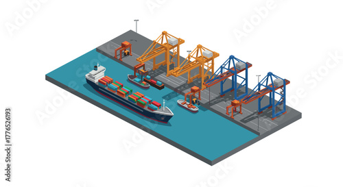Isometric shipping port with cargo ship, cranes, and containers in modern style