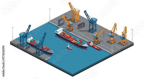 Isometric shipping port with cargo ships and cranes in a harbor scene