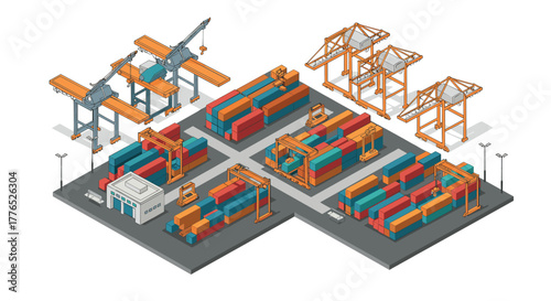 Isometric cargo port with cranes and containers in modern style