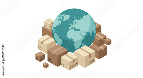 Global shipping concept with cardboard packages surrounding earth