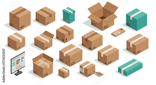 Isometric cardboard boxes and packaging collection for shipping and storage