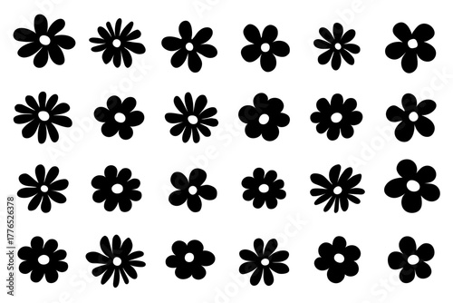 Groovy daisy flowers set. Flat black icons. Simple flower silhouette. Retro vintage style, hand drawn decorative elements