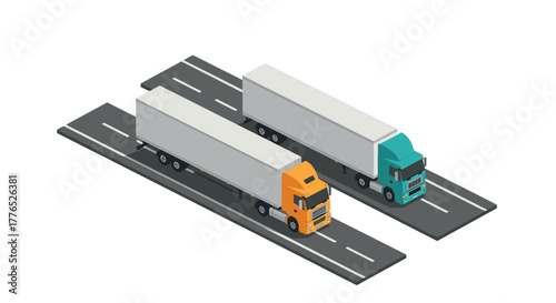 Isometric trucks on highway orange and teal semi trailer vehicles