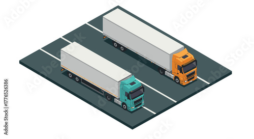 Isometric trucks on highway detailed 3d model of cargo vehicles on road