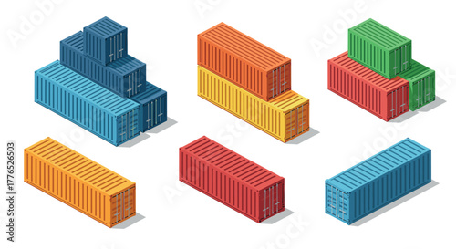 Colorful isometric shipping containers on white background for logistics and transport themes
