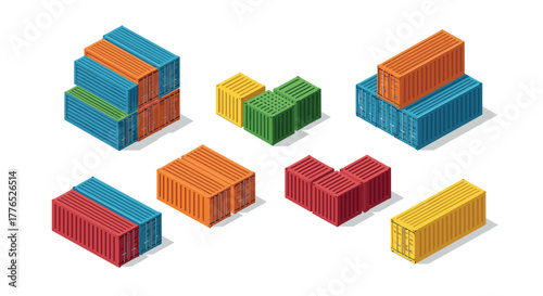 Colorful isometric cargo containers set on white background