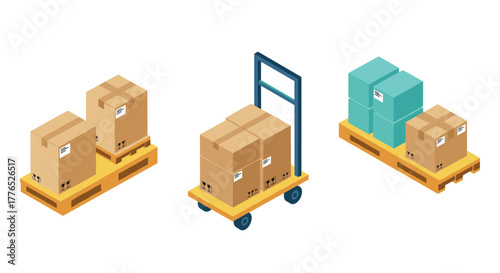 Isometric warehouse equipment with cartons on pallets for efficient logistics
