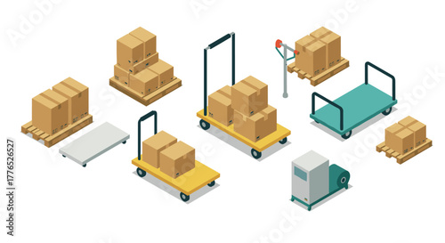 Isometric warehouse equipment and carton boxes for logistics and storage solutions