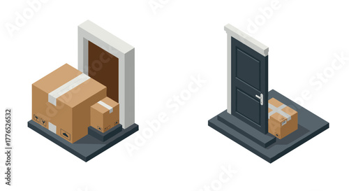 Isometric doorstep delivery with cardboard boxes conceptual image