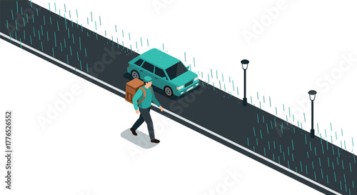 Isometric urban scene with delivery person and car on rainy street