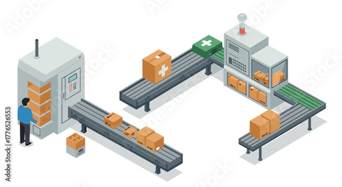 Automated packaging conveyor system in isometric style with cardboard boxes and industrial machinery