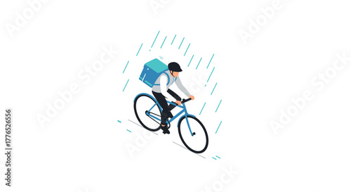 Isometric bicycle courier delivering in the rain