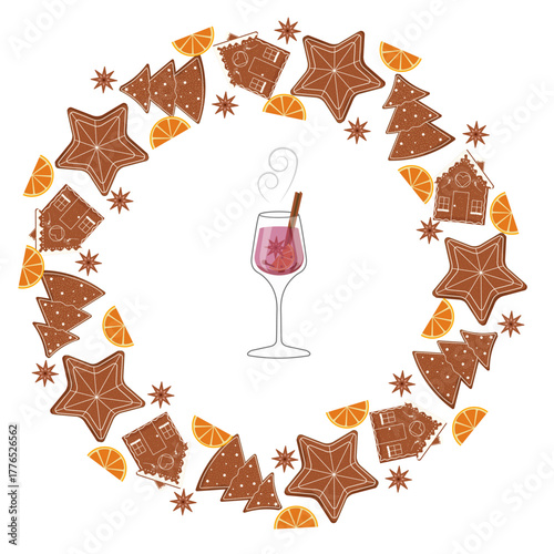 Christmas wreath frame with gingerbread stars, trees, houses, orange slices, anise and mulled wine glass. Festive border with cookies and drinks illustration for menu, banners, cards