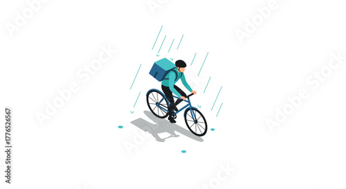 Isometric cyclist delivering in rain urban courier in minimalist style