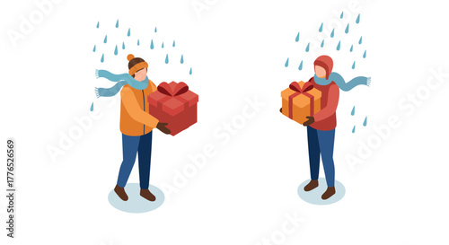 Isometric figures with gifts in the rain in winter clothing and scarves