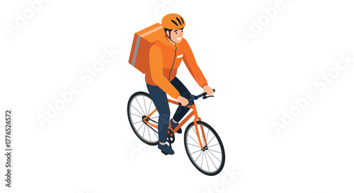 Isometric cycling delivery person in orange outfit with backpack