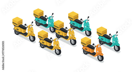 Colorful isometric delivery scooters in rows with boxes on white background