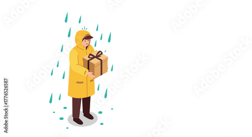 Isometric delivery person in raincoat holding package on rainy day