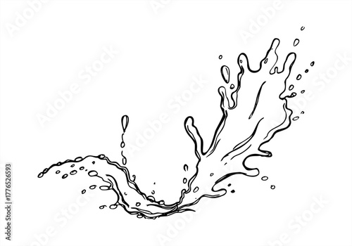 Splash of juice, milk, wine or chocolate with flying drops vector monochrome isolated illustration. Splattering liquid texture with bubbles for beverage decor, skincare packaging, product label