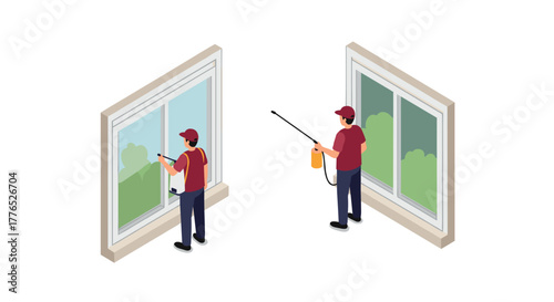 Workers cleaning large windows with water spray in an isometric design