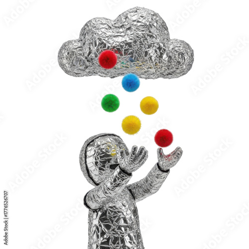 Tin foil person juggling colorful balls falling from cloud shape art