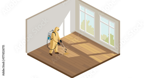 Professional cleaning in protective gear  isometric room sanitization