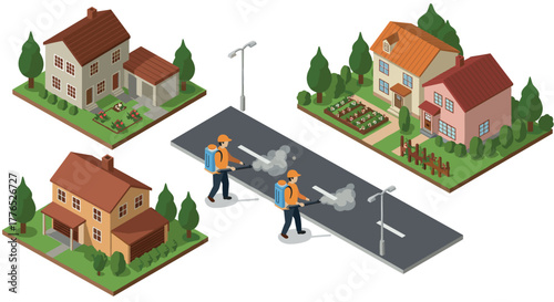 Isometric city scene with workers spraying streets and homes in a suburban neighborhood