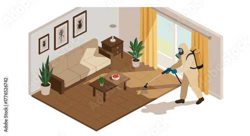 Pest control professional in isometric living room with modern interior and protective gear