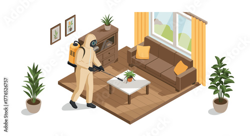 Isometric pest control worker disinfecting modern living room interior