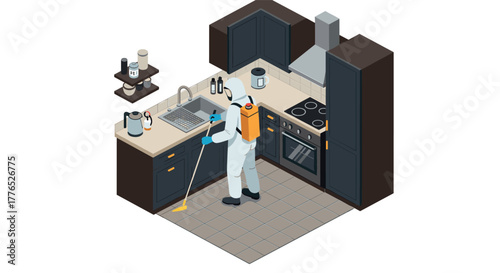 Isometric cleaning worker disinfecting modern kitchen interior