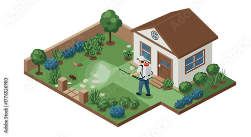 Pest control worker spraying garden in isometric style with modern house and lush greenery