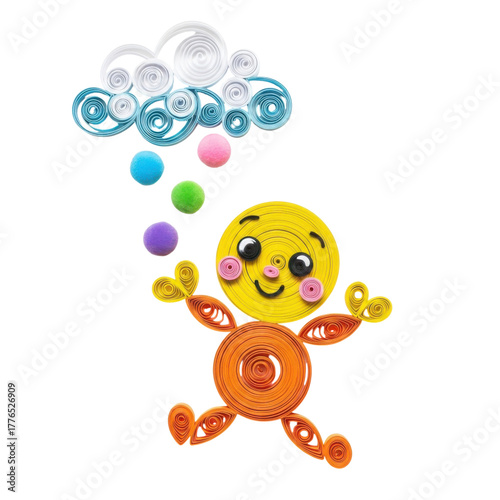 Whimsical paper craft smiling character with a cloud and raindrops