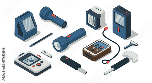 Retro isometric gadgets collection with game consoles and electronic devices