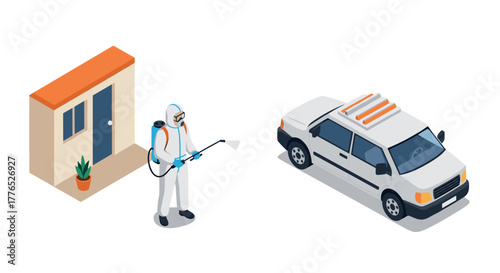 Pest control expert spraying near house and car in isometric style