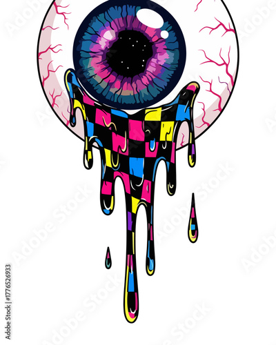Psychedelic Melting Checkered Eyeball Graphic Illustration