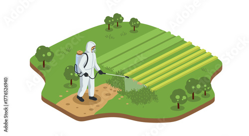 Isometric farmer spraying pesticides on crops in orchard scene