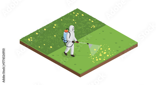 Isometric gardener spraying pesticide on lawn with flowers