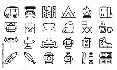 Van life and camping outdoor adventure line icons