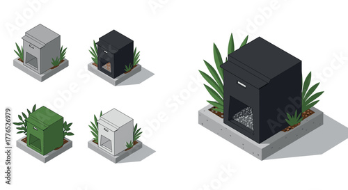 Modern urban mailboxes with plants in isometric concrete designs