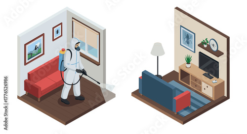 Isometric pest control scene with exterminator spraying in modern living room